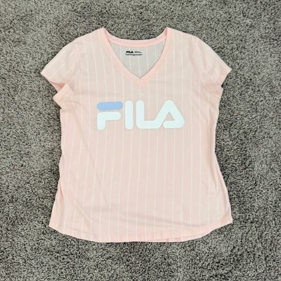 Fila Tops - FILA Tee V-Neck Short Sleeve Pink Stripe Baseball-Style Athletic Women's Medium